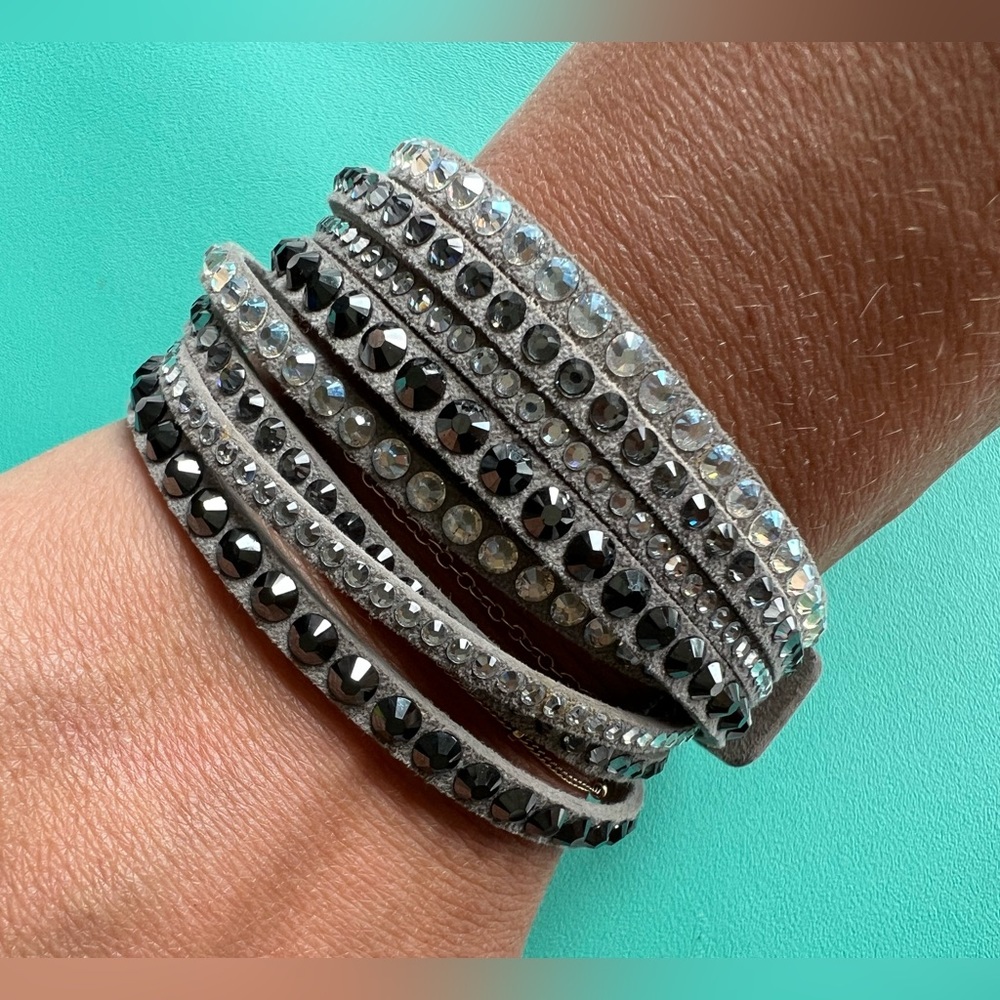 Swarovski crystal gray suede leather double wrap bracelet